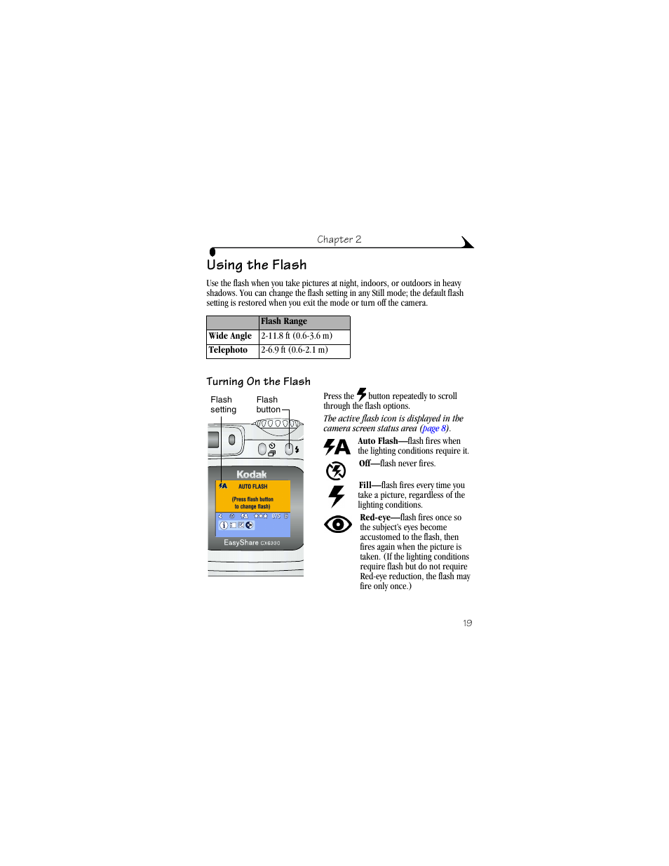 Using the flash, Turning on the flash | Kodak CX6330 User Manual | Page 31 / 120