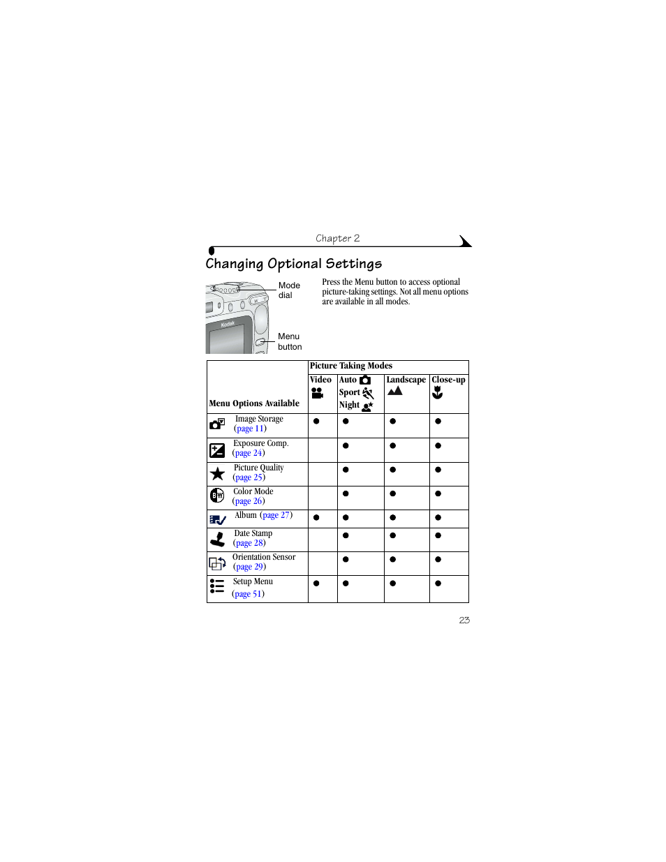 Changing optional settings | Kodak CX6330 User Manual | Page 35 / 120