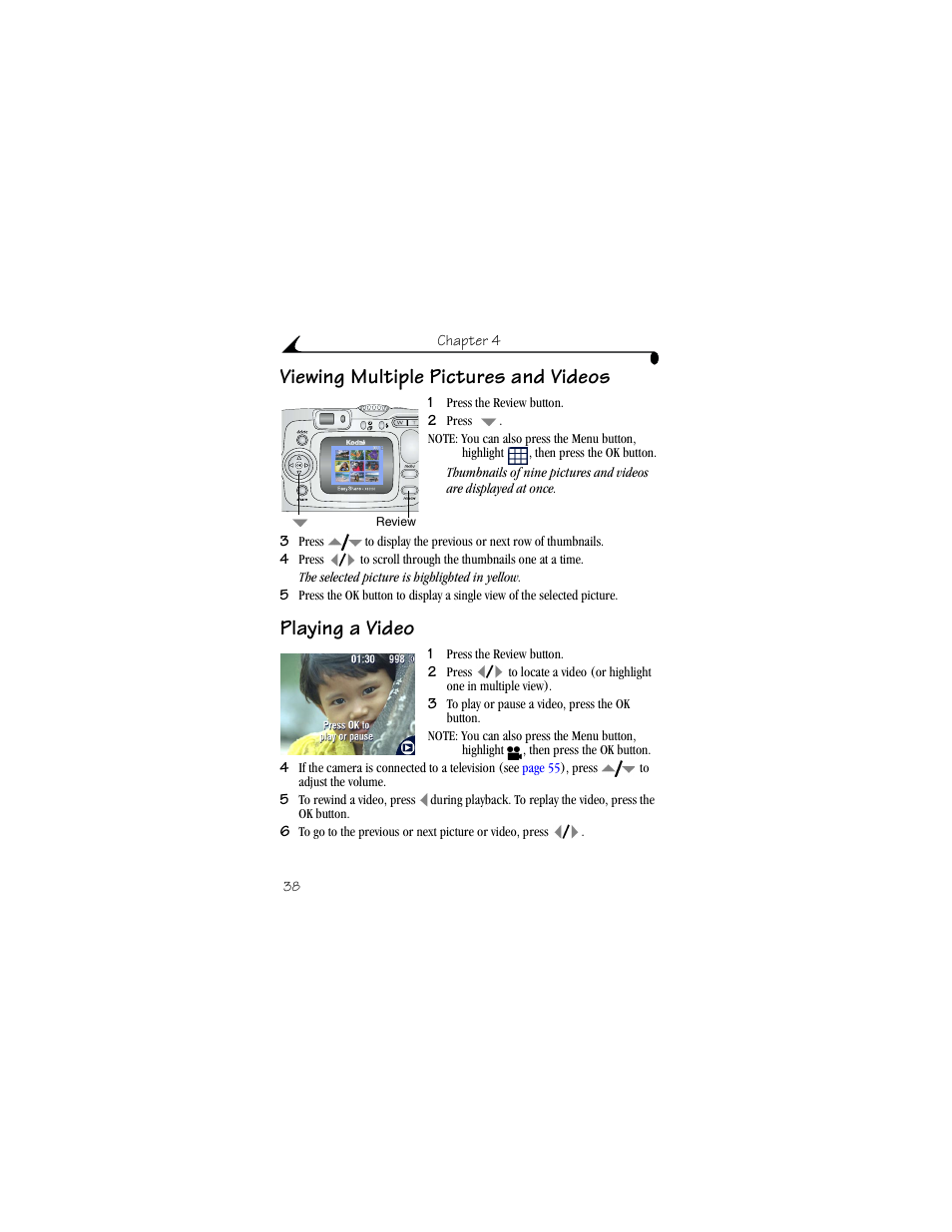 Viewing multiple pictures and videos, Playing a video | Kodak CX6330 User Manual | Page 50 / 120