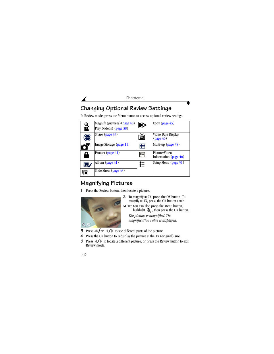 Changing optional review settings, Magnifying pictures | Kodak CX6330 User Manual | Page 52 / 120