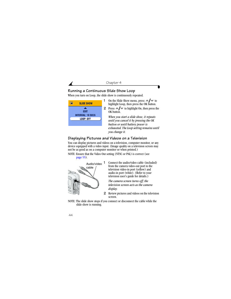 Running a continuous slide show loop, Displaying pictures and videos on a television, On (see | Kodak CX6330 User Manual | Page 56 / 120