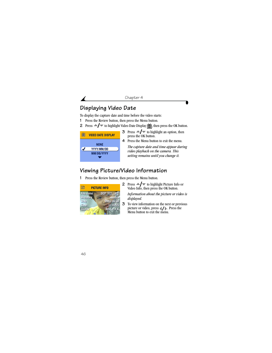 Displaying video date, Viewing picture/video information | Kodak CX6330 User Manual | Page 58 / 120