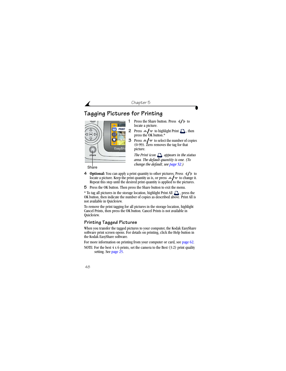 Tagging pictures for printing, Printing tagged pictures | Kodak CX6330 User Manual | Page 60 / 120