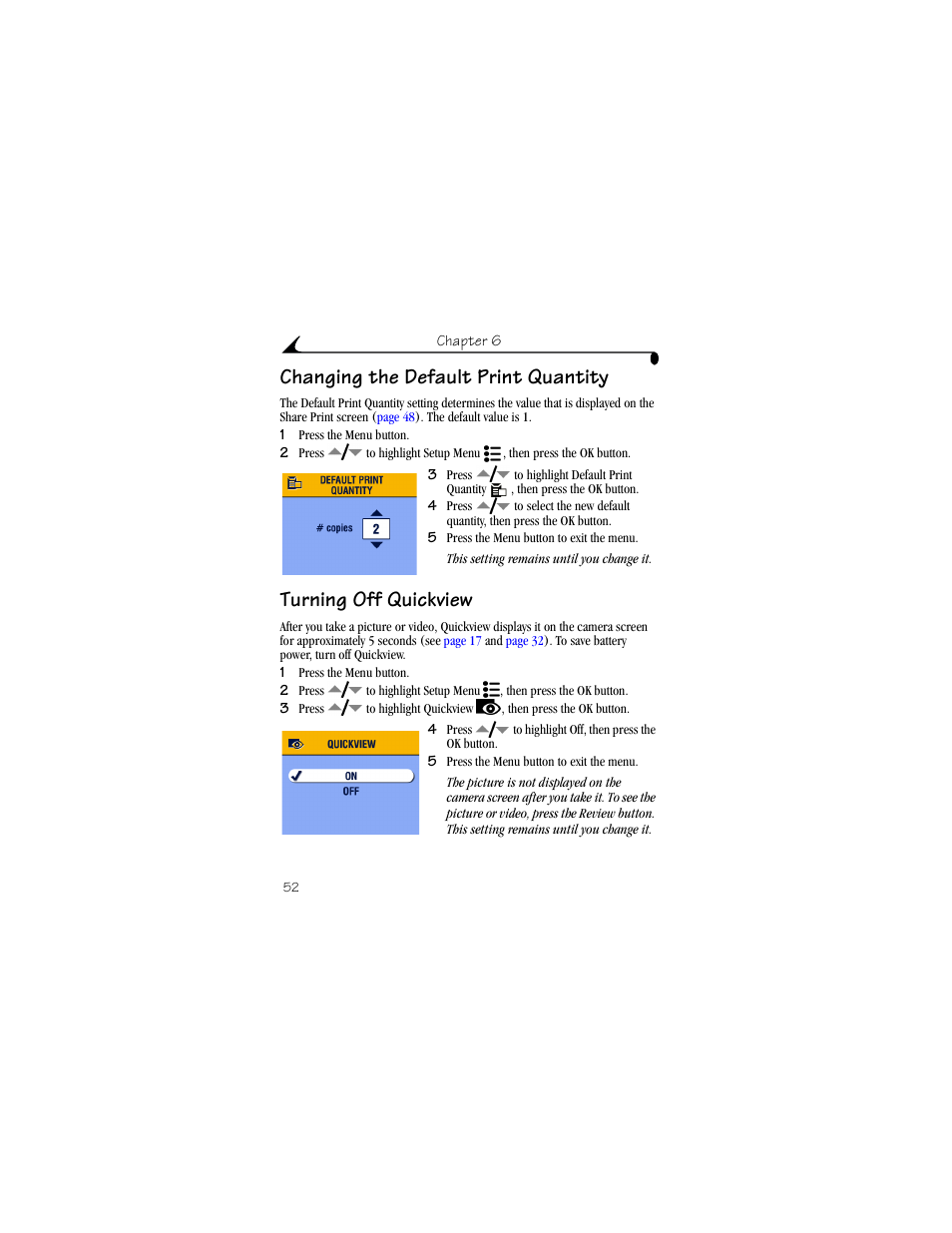 Changing the default print quantity, Turning off quickview | Kodak CX6330 User Manual | Page 64 / 120
