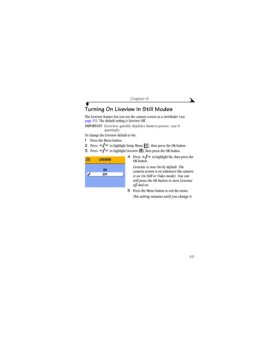 Turning on liveview in still modes | Kodak CX6330 User Manual | Page 65 / 120