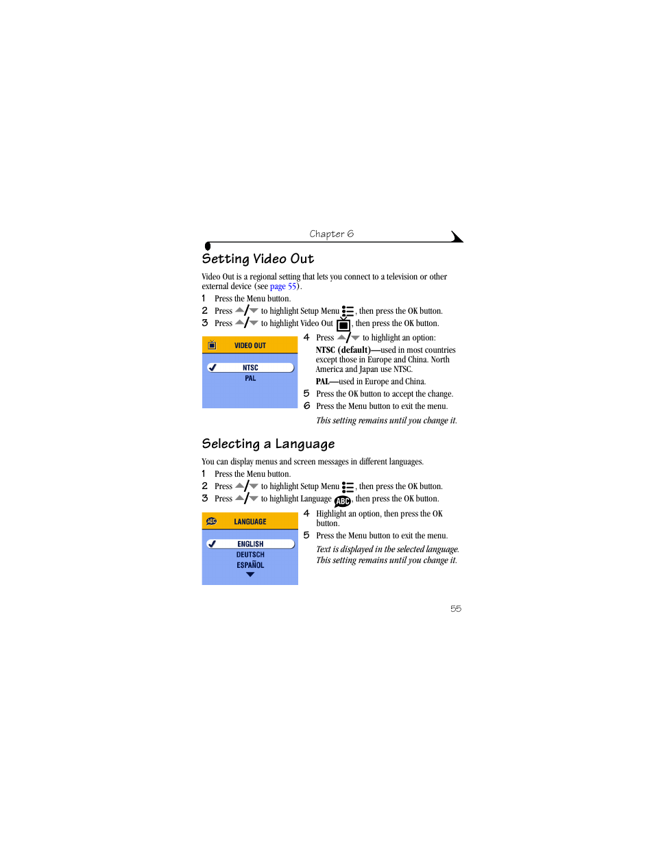 Setting video out, Selecting a language, Setting video out selecting a language | Kodak CX6330 User Manual | Page 67 / 120