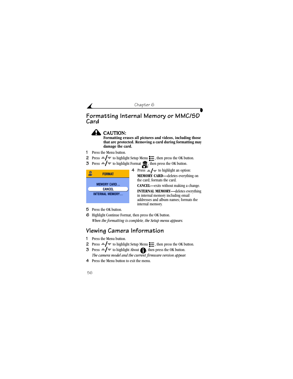 Formatting internal memory or mmc/sd card, Viewing camera information | Kodak CX6330 User Manual | Page 68 / 120