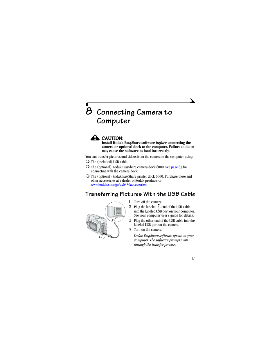 8 connecting camera to computer, Transferring pictures with the usb cable, Connecting camera to computer | Kodak CX6330 User Manual | Page 73 / 120