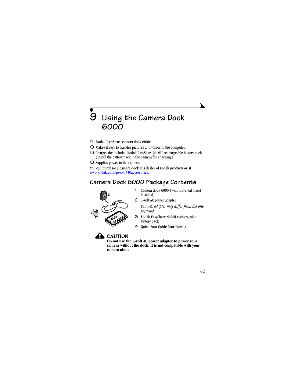 9 using the camera dock 6000, Camera dock 6000 package contents, Using the camera dock 6000 | Kodak CX6330 User Manual | Page 75 / 120