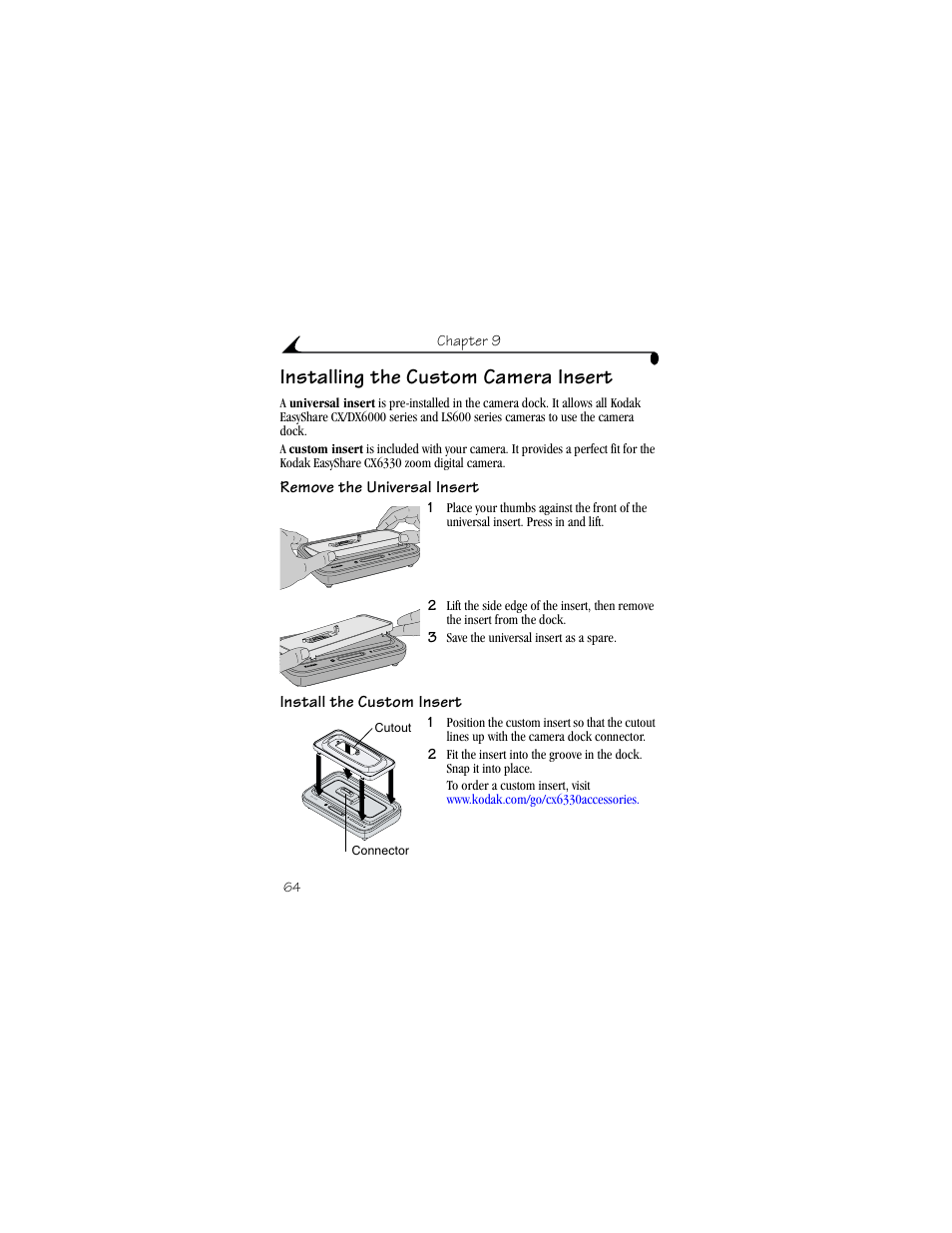 Installing the custom camera insert, Remove the universal insert, Install the custom insert | Kodak CX6330 User Manual | Page 76 / 120