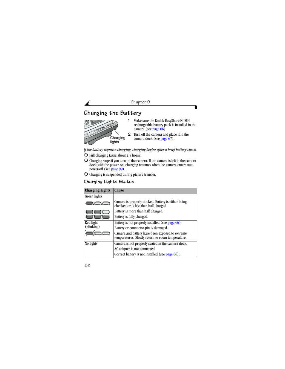Charging the battery, Charging lights status | Kodak CX6330 User Manual | Page 80 / 120