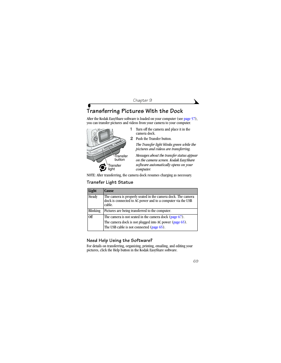 Transferring pictures with the dock, Transfer light status, Need help using the software | Kodak CX6330 User Manual | Page 81 / 120