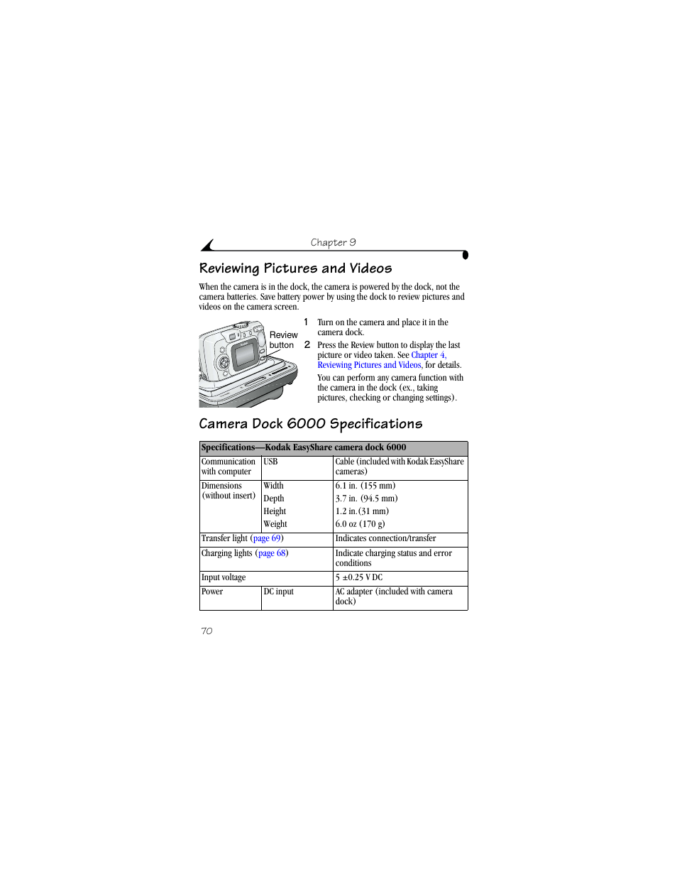 Reviewing pictures and videos, Camera dock 6000 specifications | Kodak CX6330 User Manual | Page 82 / 120