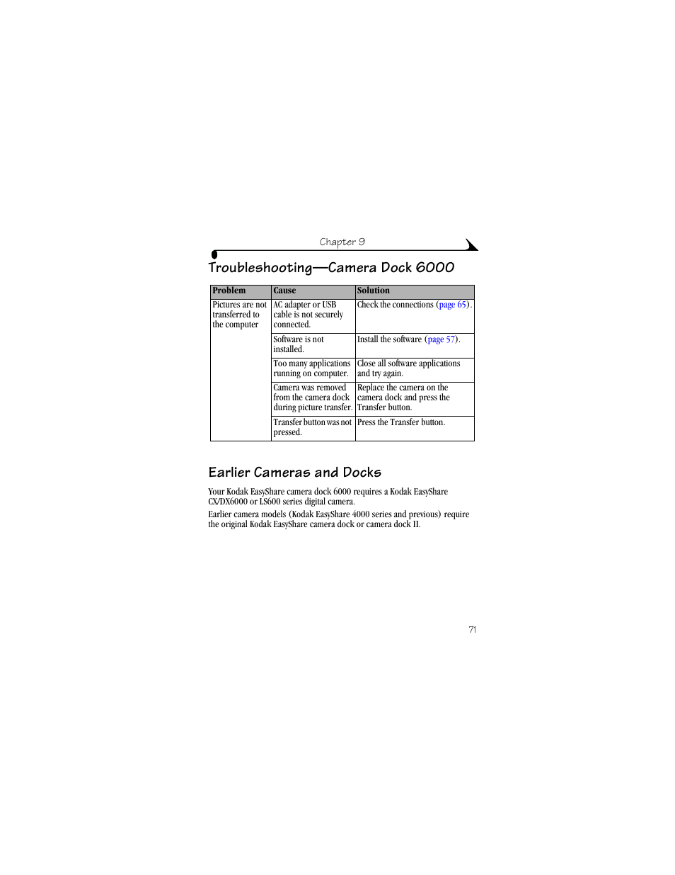Troubleshooting—camera dock 6000, Earlier cameras and docks | Kodak CX6330 User Manual | Page 83 / 120