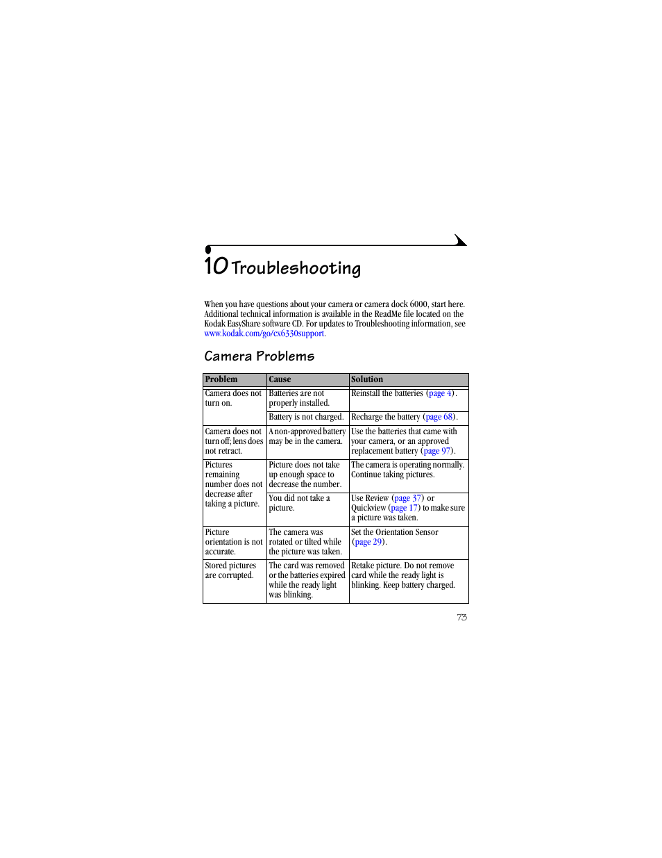 10 troubleshooting, Camera problems, Troubleshooting | Kodak CX6330 User Manual | Page 85 / 120