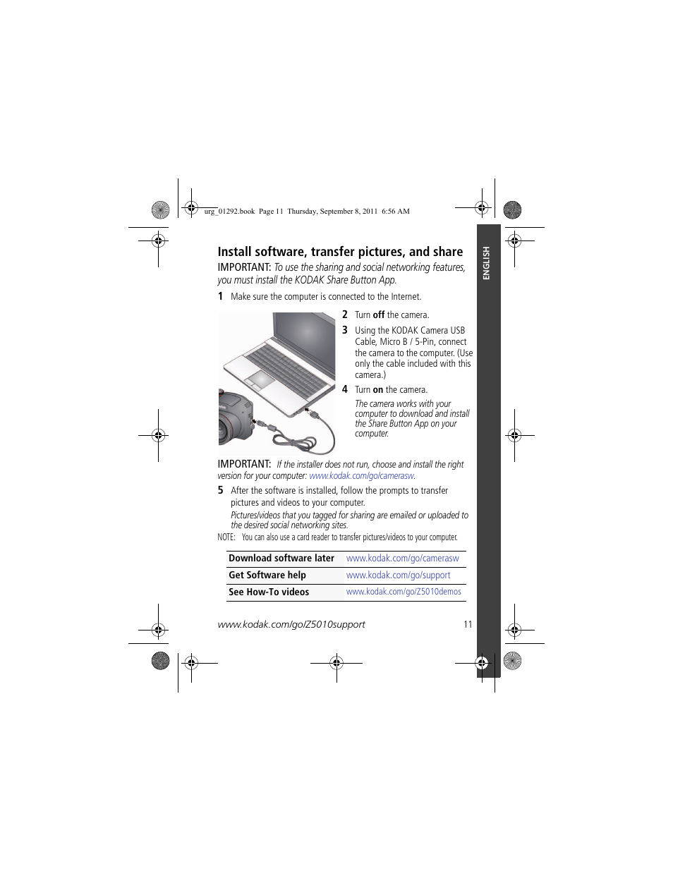 Install software, transfer pictures, and share, Install software, transfer pictures, and share 11 | Kodak Z5010 User Manual | Page 11 / 29