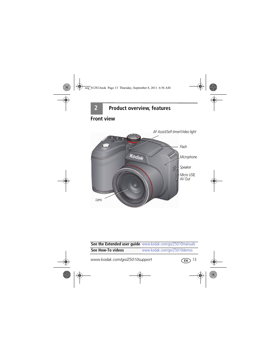 Product overview, features, Front view, Product overview, features 13 | Front view 13 | Kodak Z5010 User Manual | Page 13 / 29