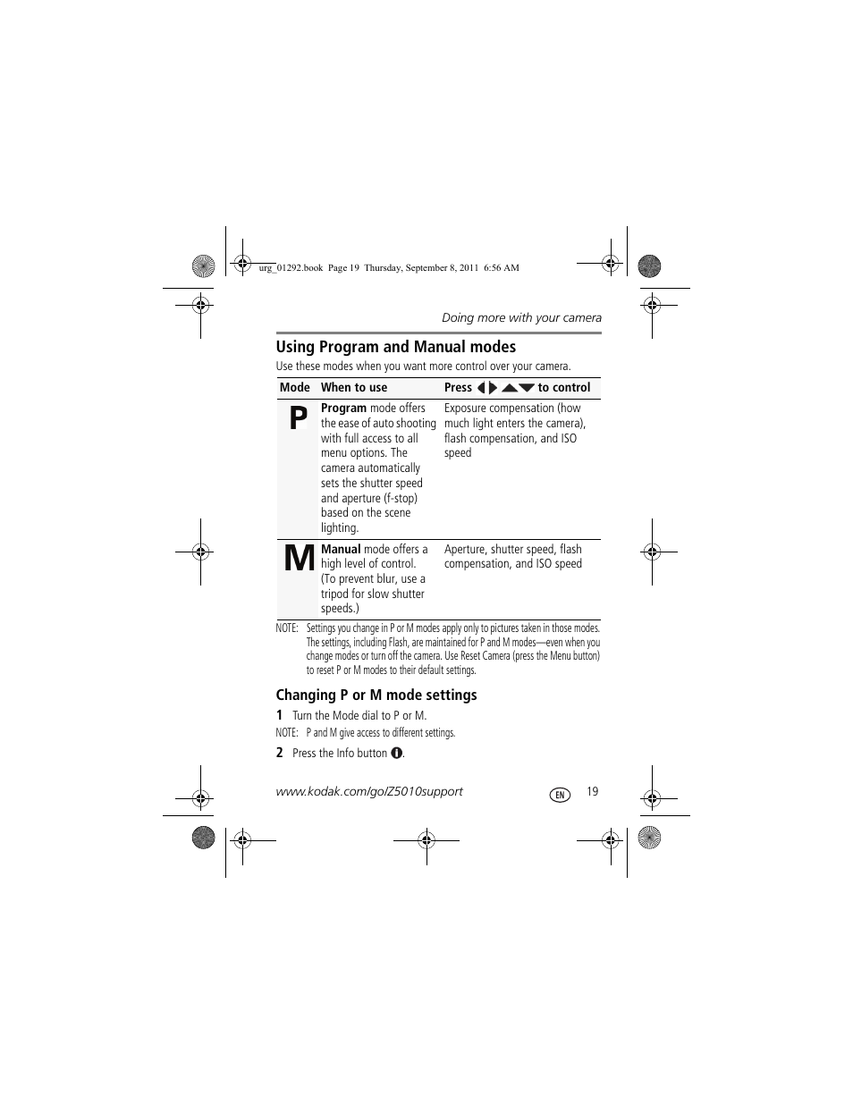 Using program and manual modes, Changing p or m mode settings, Using program and manual modes 19 | Kodak Z5010 User Manual | Page 19 / 29