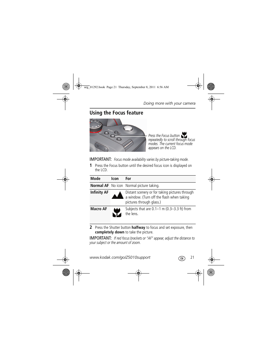 Using the focus feature, Using the focus feature 21 | Kodak Z5010 User Manual | Page 21 / 29