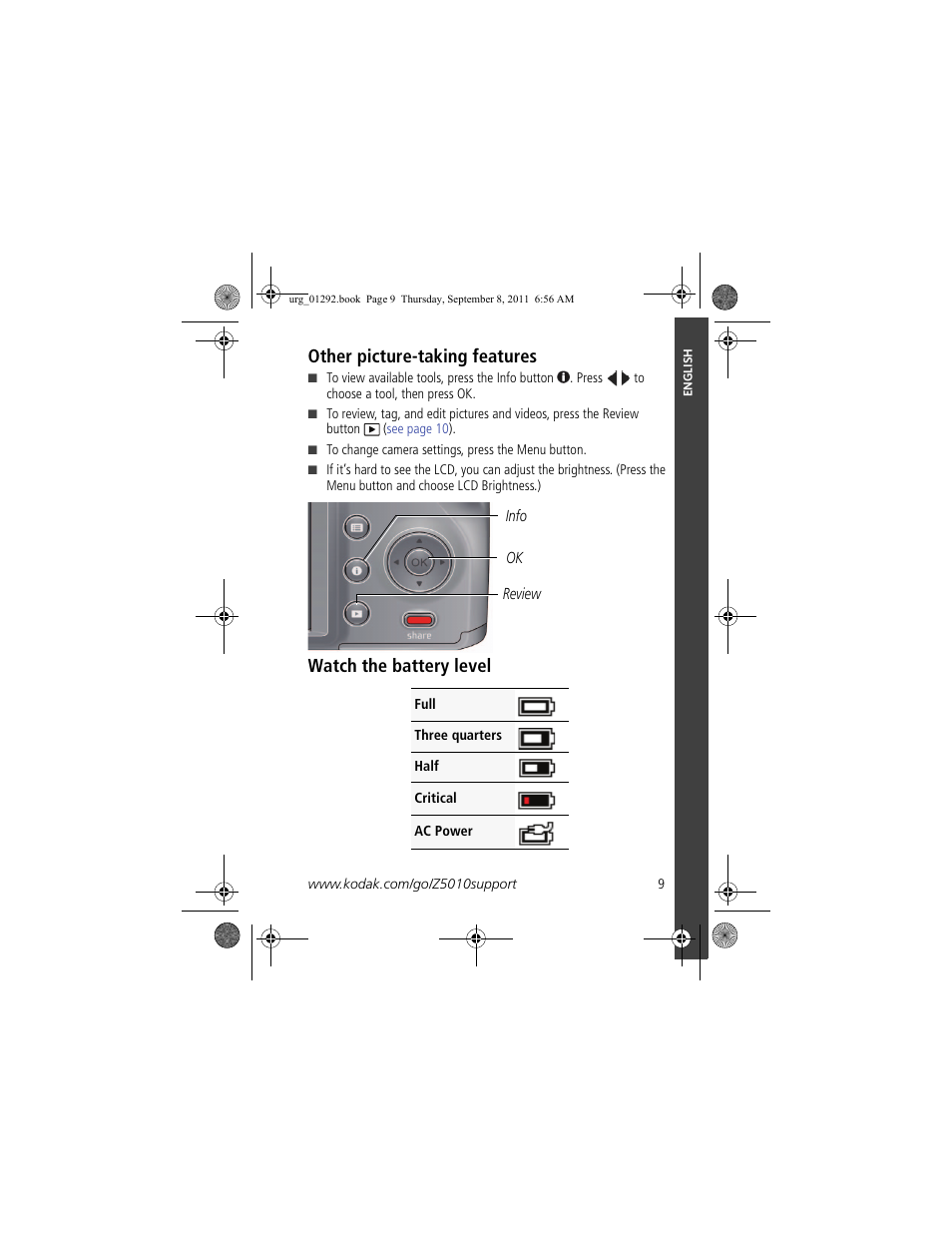 Other picture-taking features, Watch the battery level | Kodak Z5010 User Manual | Page 9 / 29