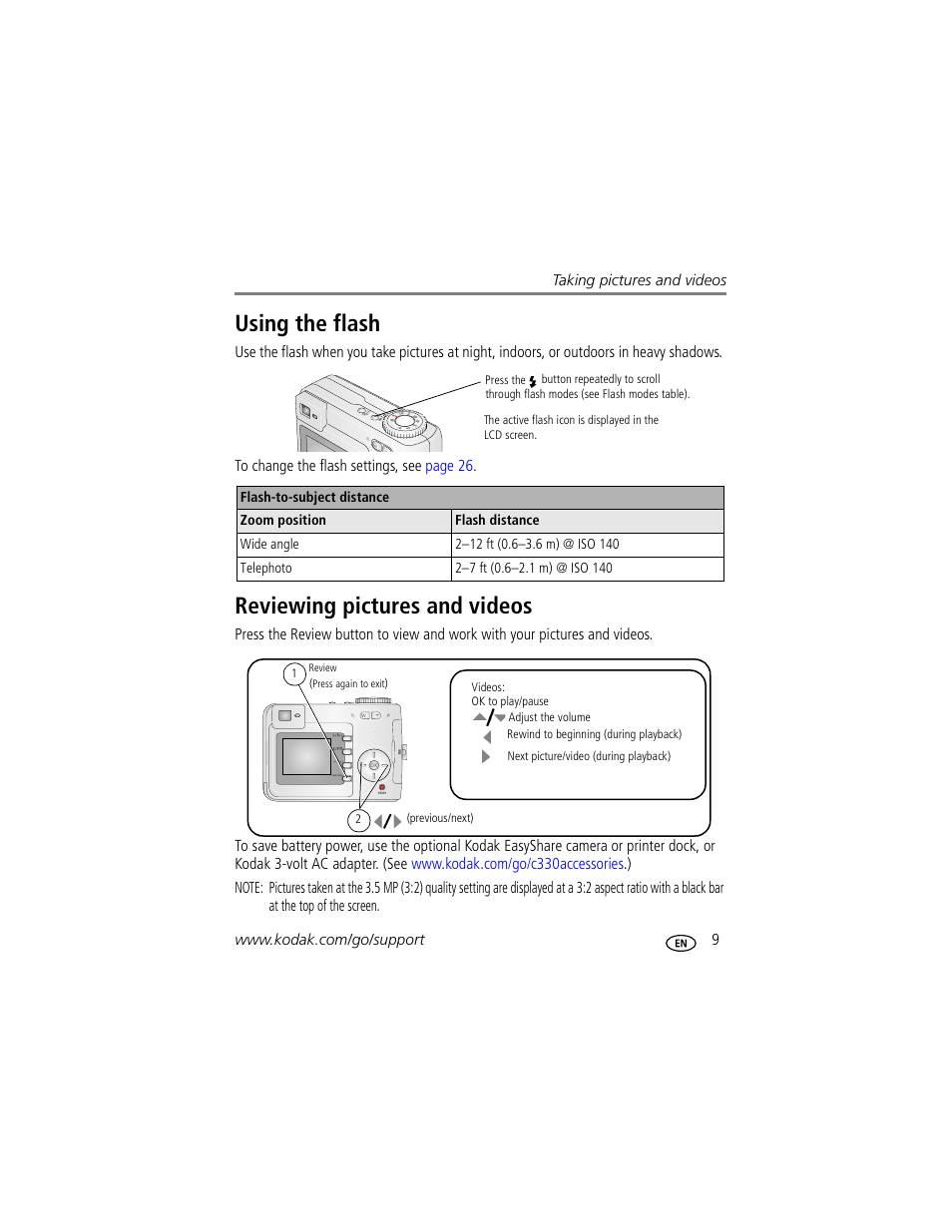 Using the flash, Reviewing pictures and videos, Using the flash reviewing pictures and videos | Kodak C330 User Manual | Page 15 / 74