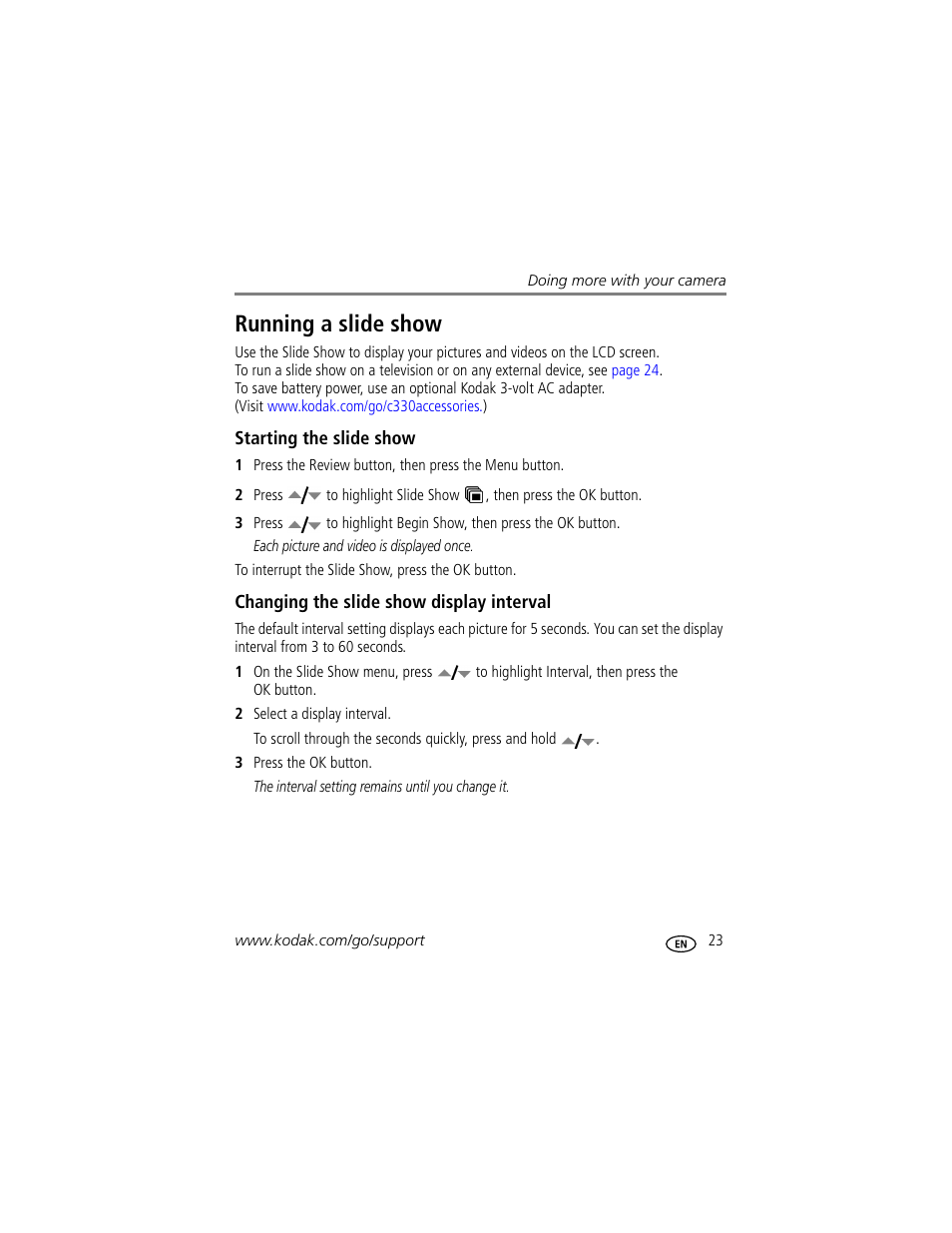 Running a slide show, Starting the slide show, Changing the slide show display interval | Kodak C330 User Manual | Page 29 / 74