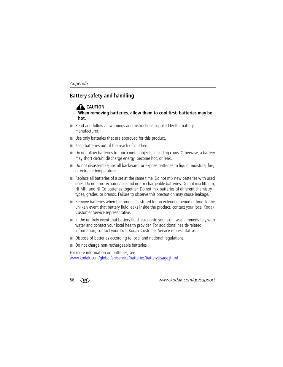 Battery safety and handling | Kodak C330 User Manual | Page 62 / 74