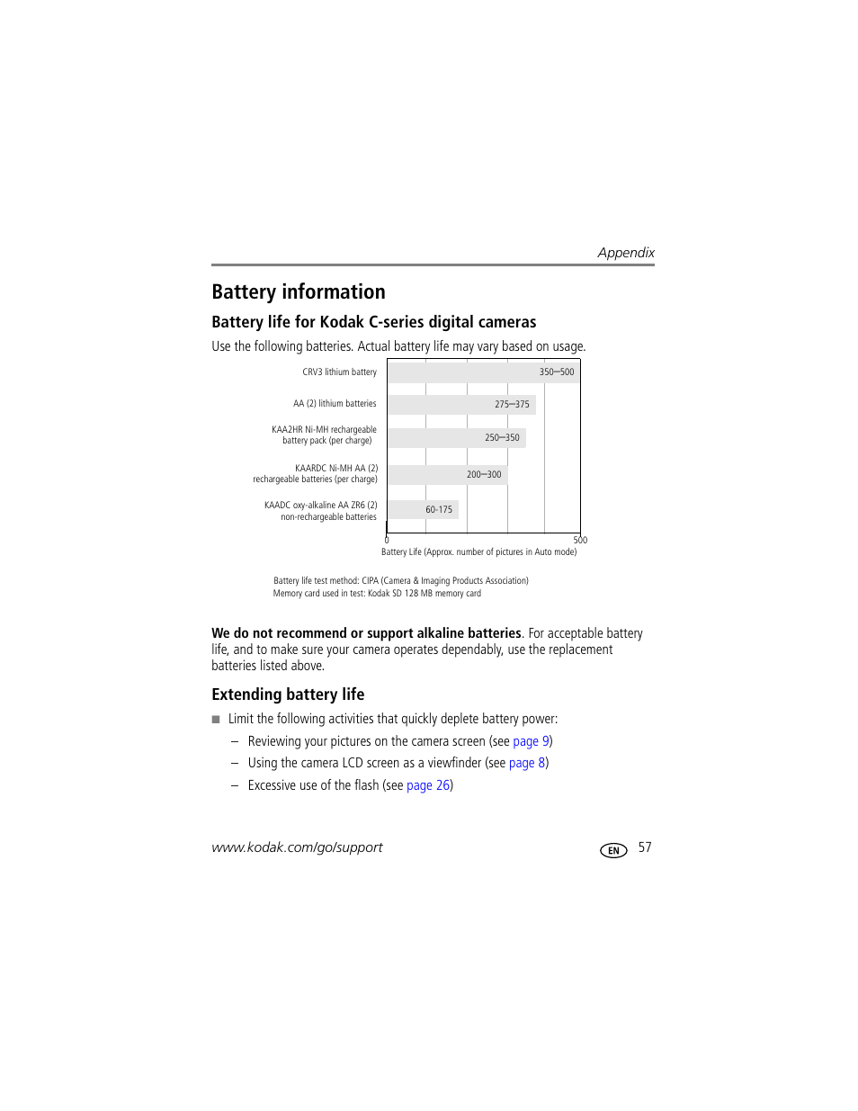 Battery information, Battery life for kodak c-series digital cameras, Extending battery life | Kodak C330 User Manual | Page 63 / 74