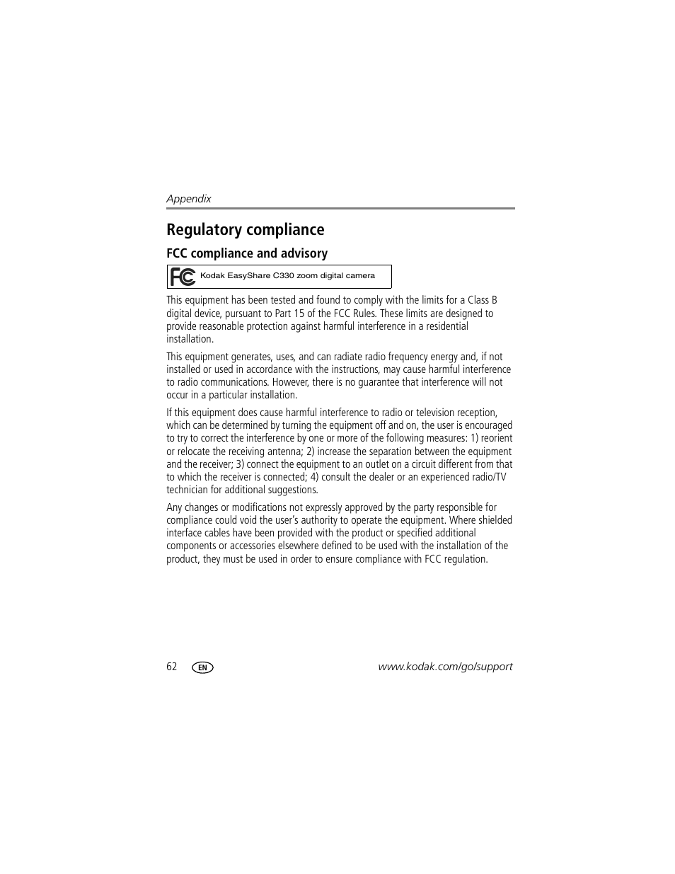 Regulatory compliance, Fcc compliance and advisory | Kodak C330 User Manual | Page 68 / 74