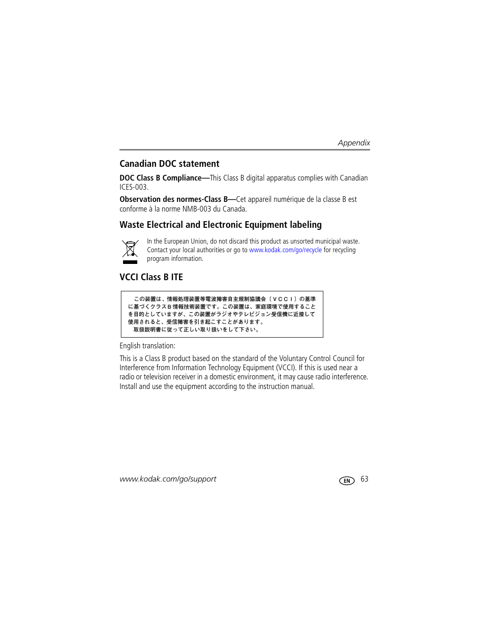 Canadian doc statement, Waste electrical and electronic equipment labeling, Vcci class b ite | Kodak C330 User Manual | Page 69 / 74