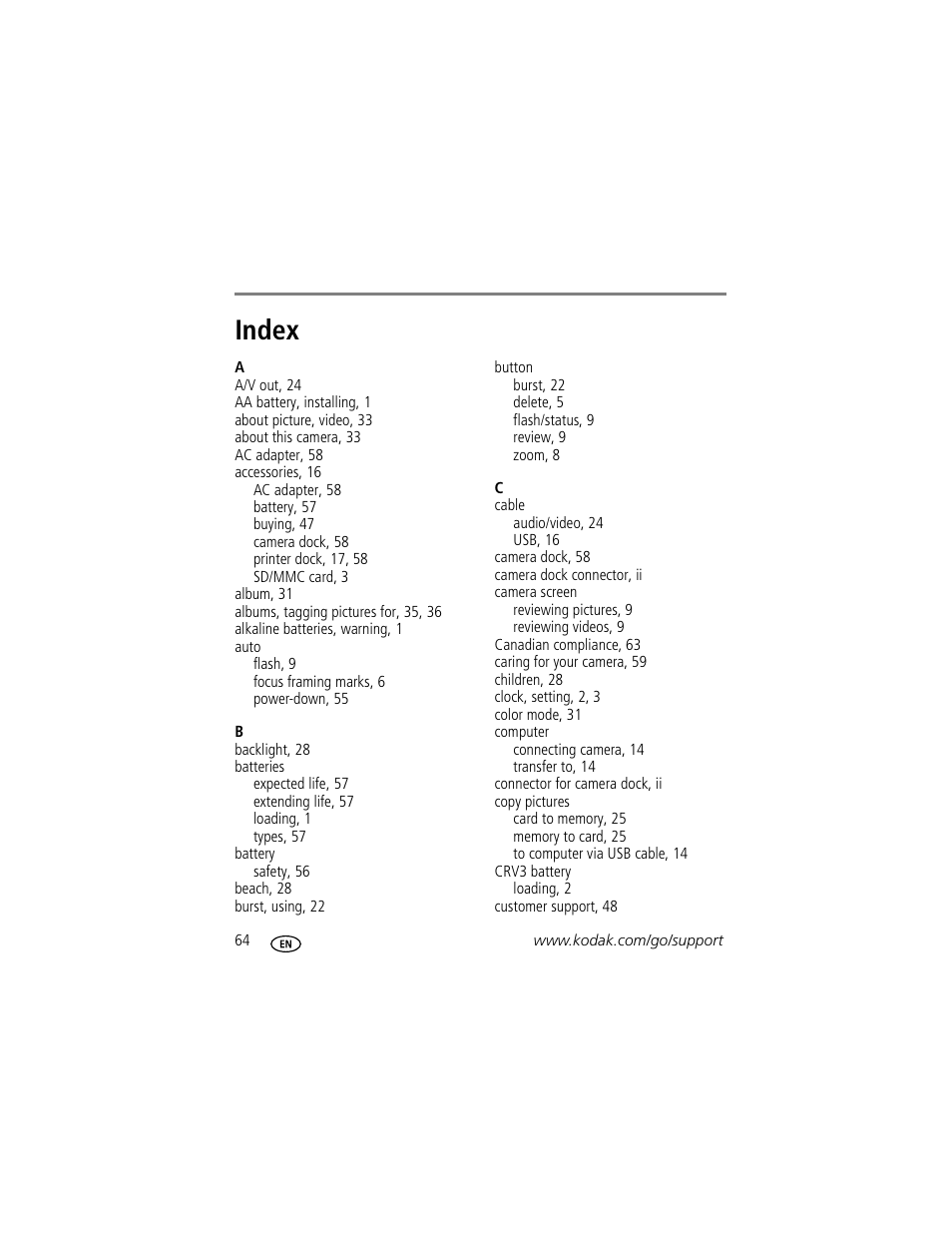 Index | Kodak C330 User Manual | Page 70 / 74