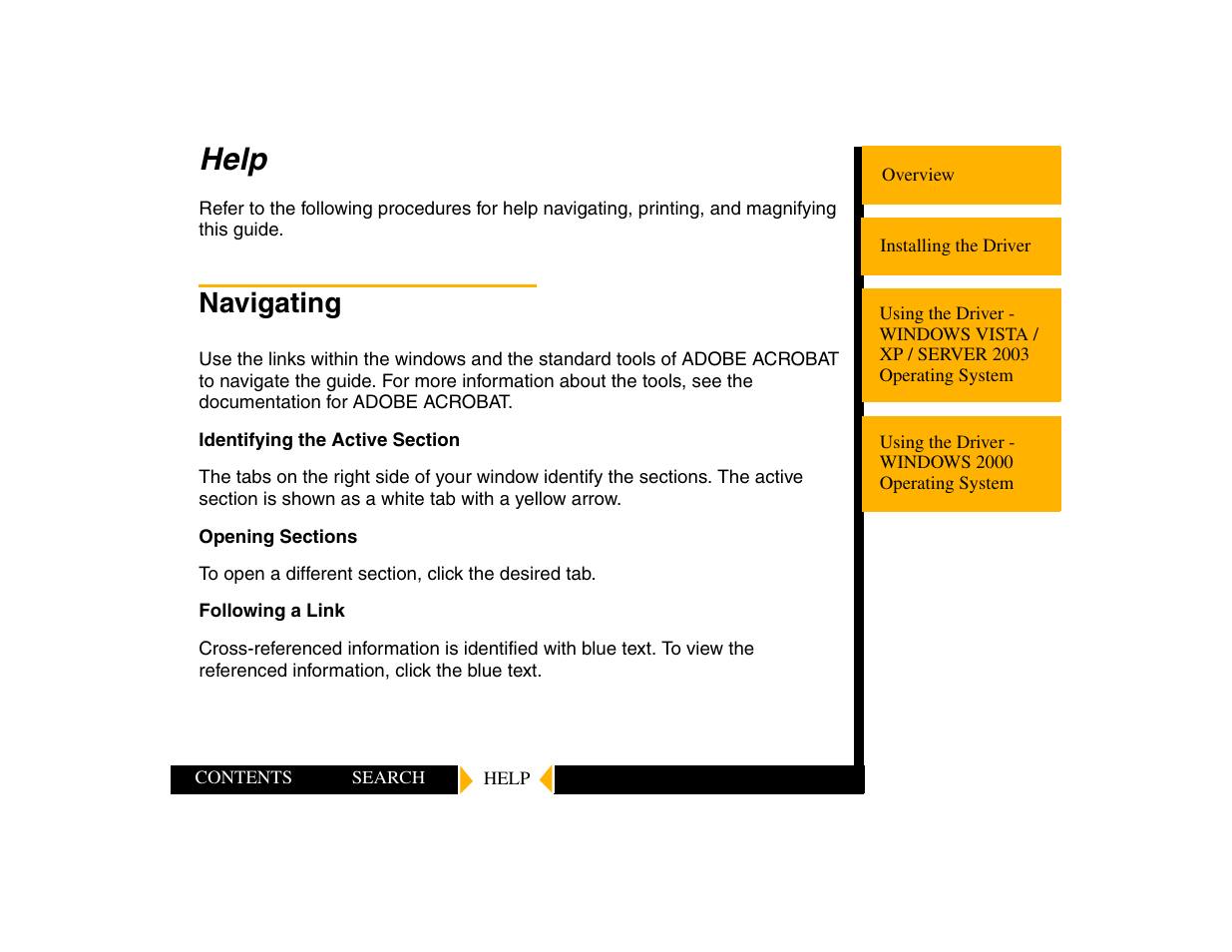 Help, Navigating, Search | To search within this guide, Click the find tool, In the toolbar to open the find dialog box, Enter the word or phrase you want to find, Click find to begin the search | Kodak 805 User Manual | Page 32 / 35