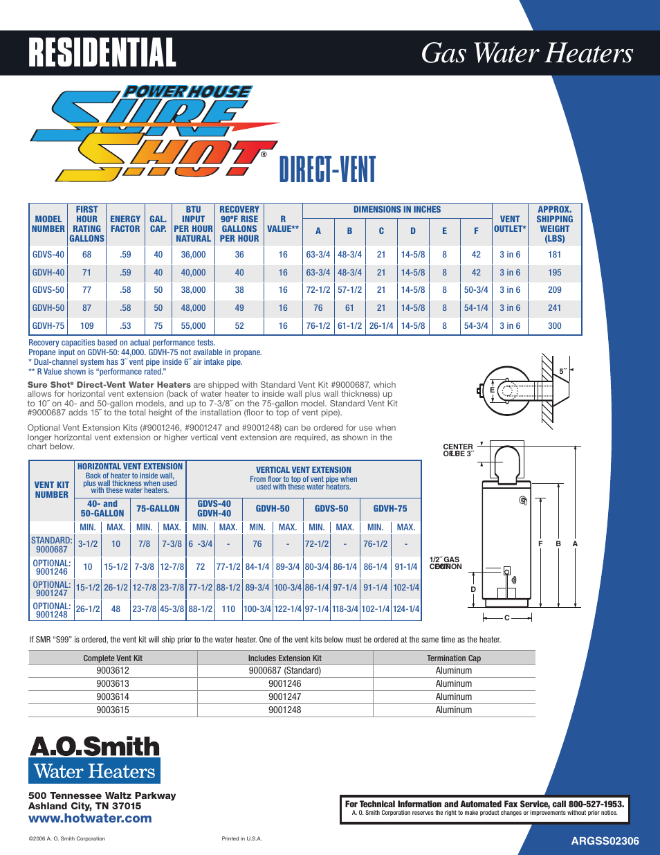 Residential, Direct-vent, Gas water heaters | A.O. Smith ARGSS02306 User Manual | Page 2 / 2