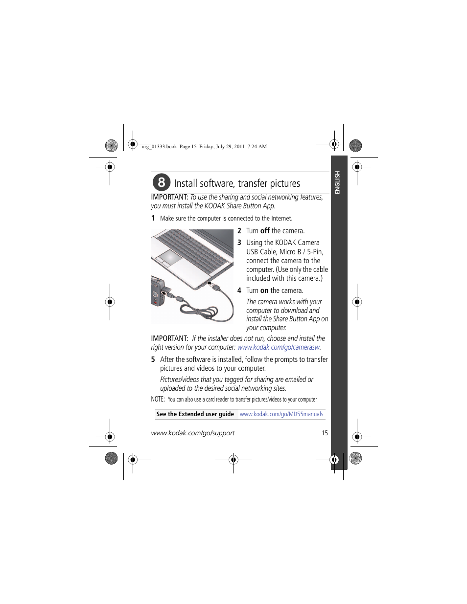 Install software, transfer pictures | Kodak MD55 User Manual | Page 15 / 26