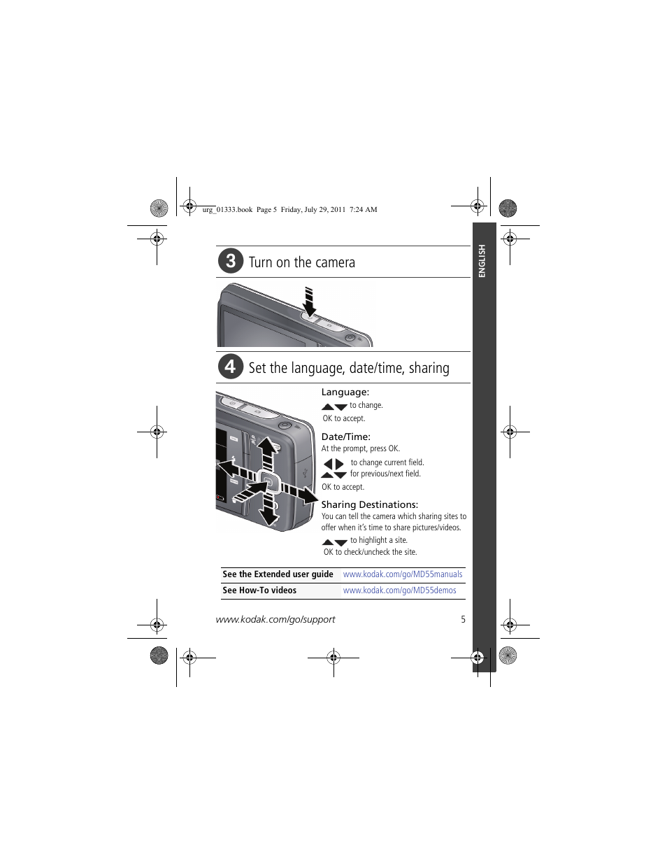 Turn on the camera, Set the language, date/time, sharing | Kodak MD55 User Manual | Page 5 / 26