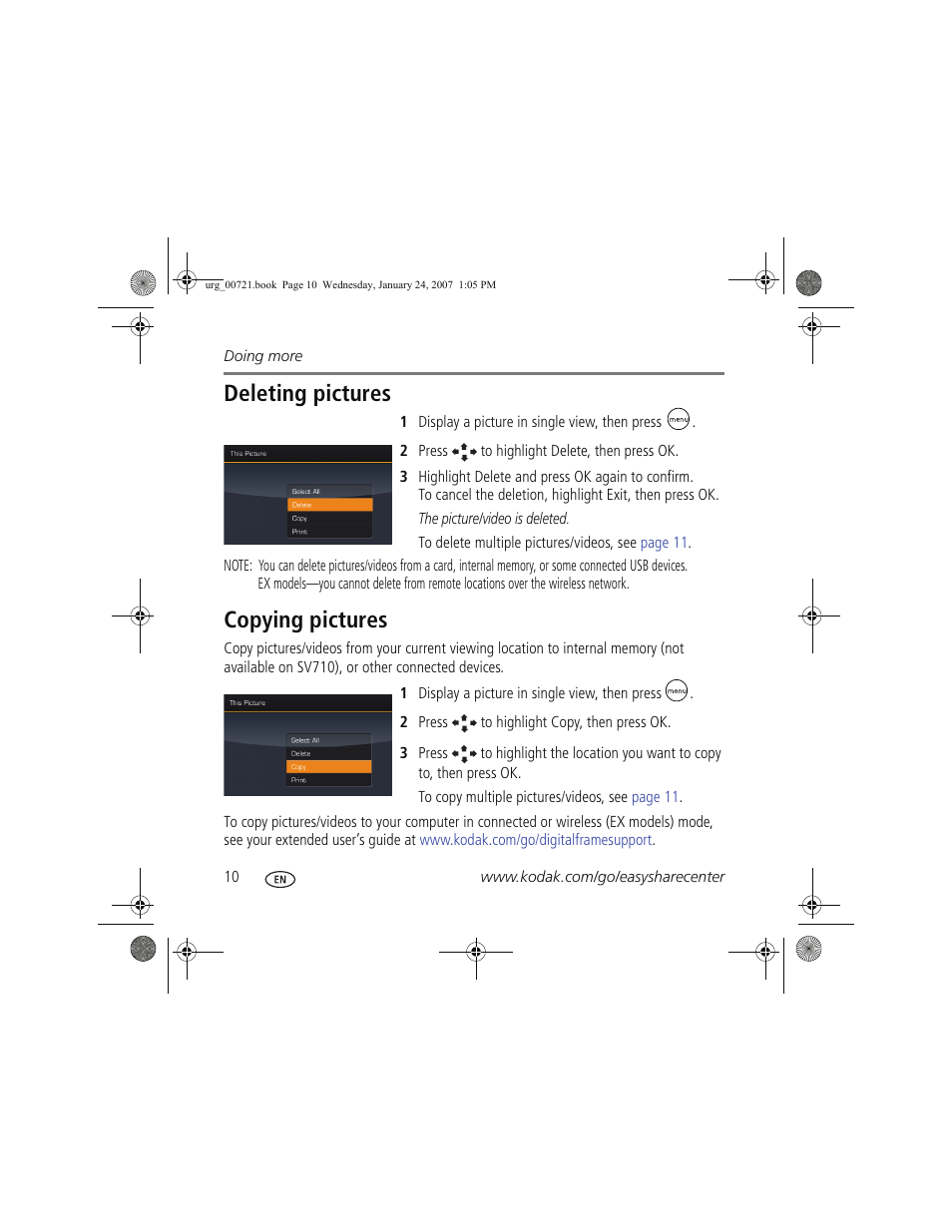 Deleting pictures, Copying pictures | Kodak EX1011 User Manual | Page 10 / 19