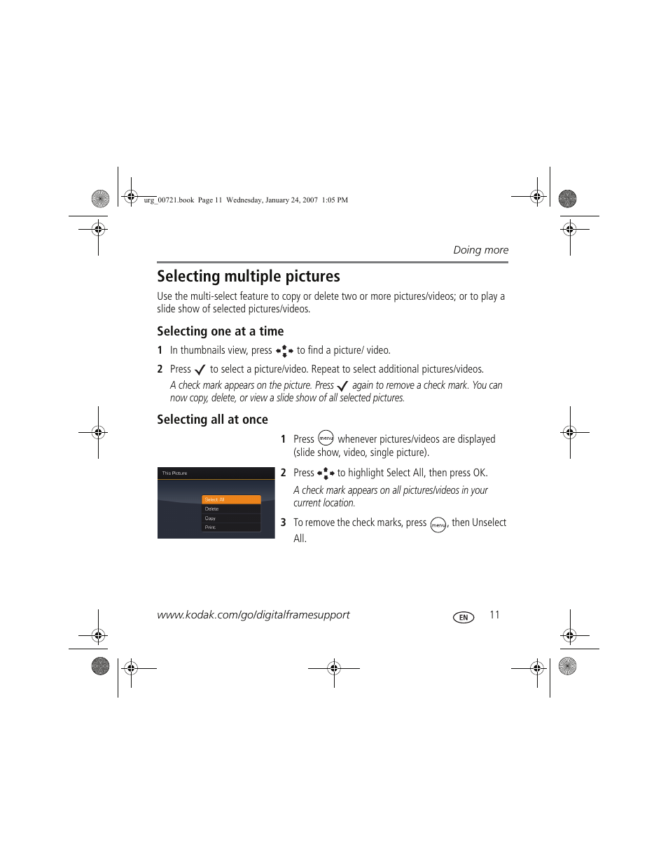 Selecting multiple pictures | Kodak EX1011 User Manual | Page 11 / 19