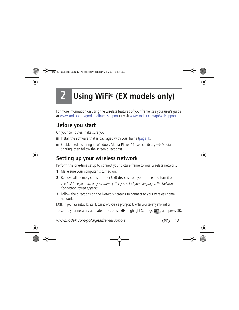 Using wifi, Ex models only), Before you start | Setting up your wireless network | Kodak EX1011 User Manual | Page 13 / 19