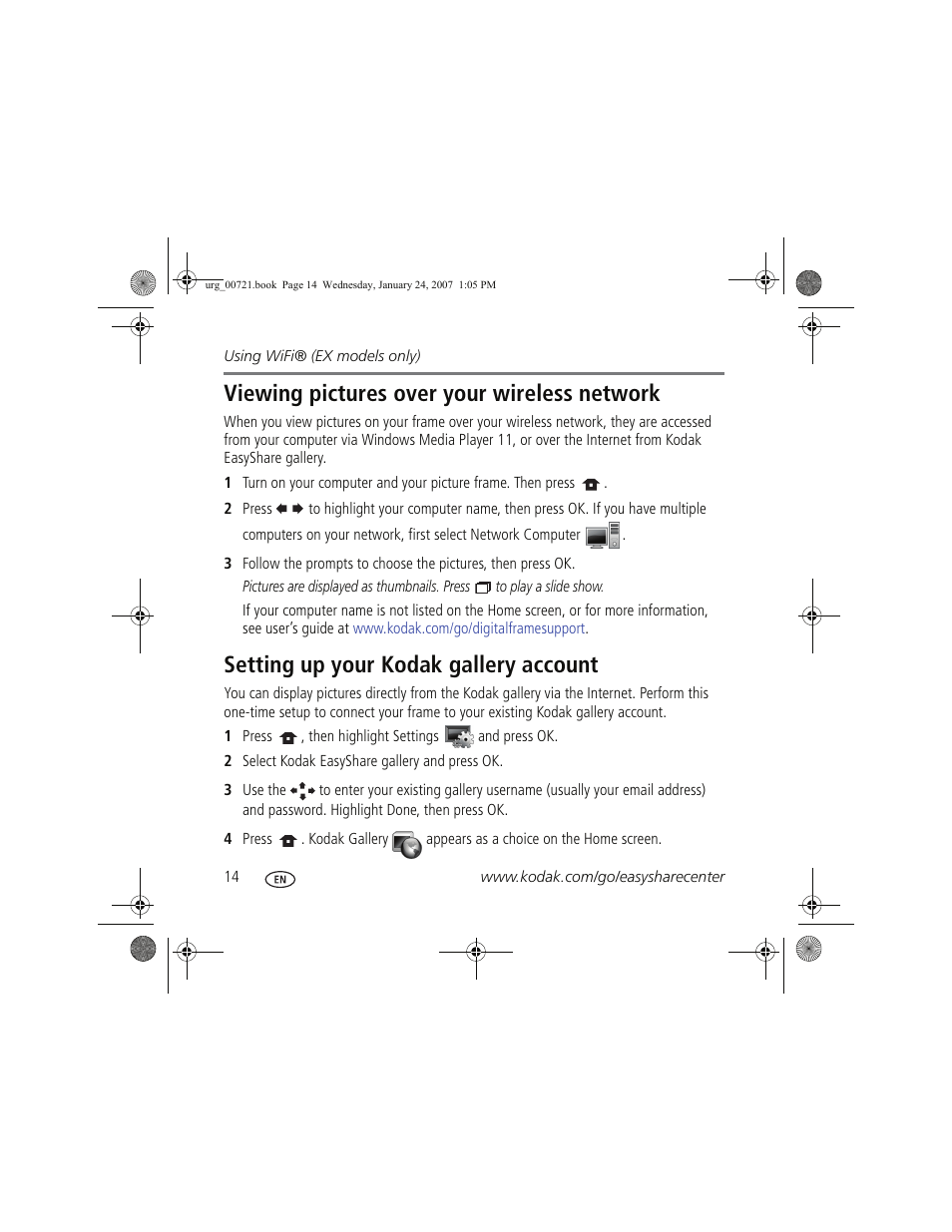 Viewing pictures over your wireless network, Setting up your kodak gallery account | Kodak EX1011 User Manual | Page 14 / 19