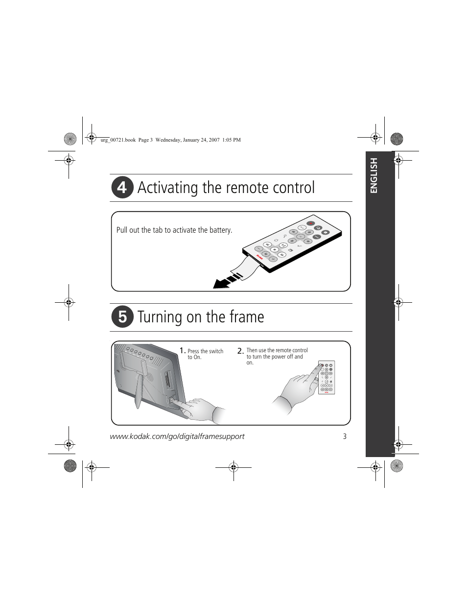 Activating the remote control, Turning on the frame | Kodak EX1011 User Manual | Page 3 / 19