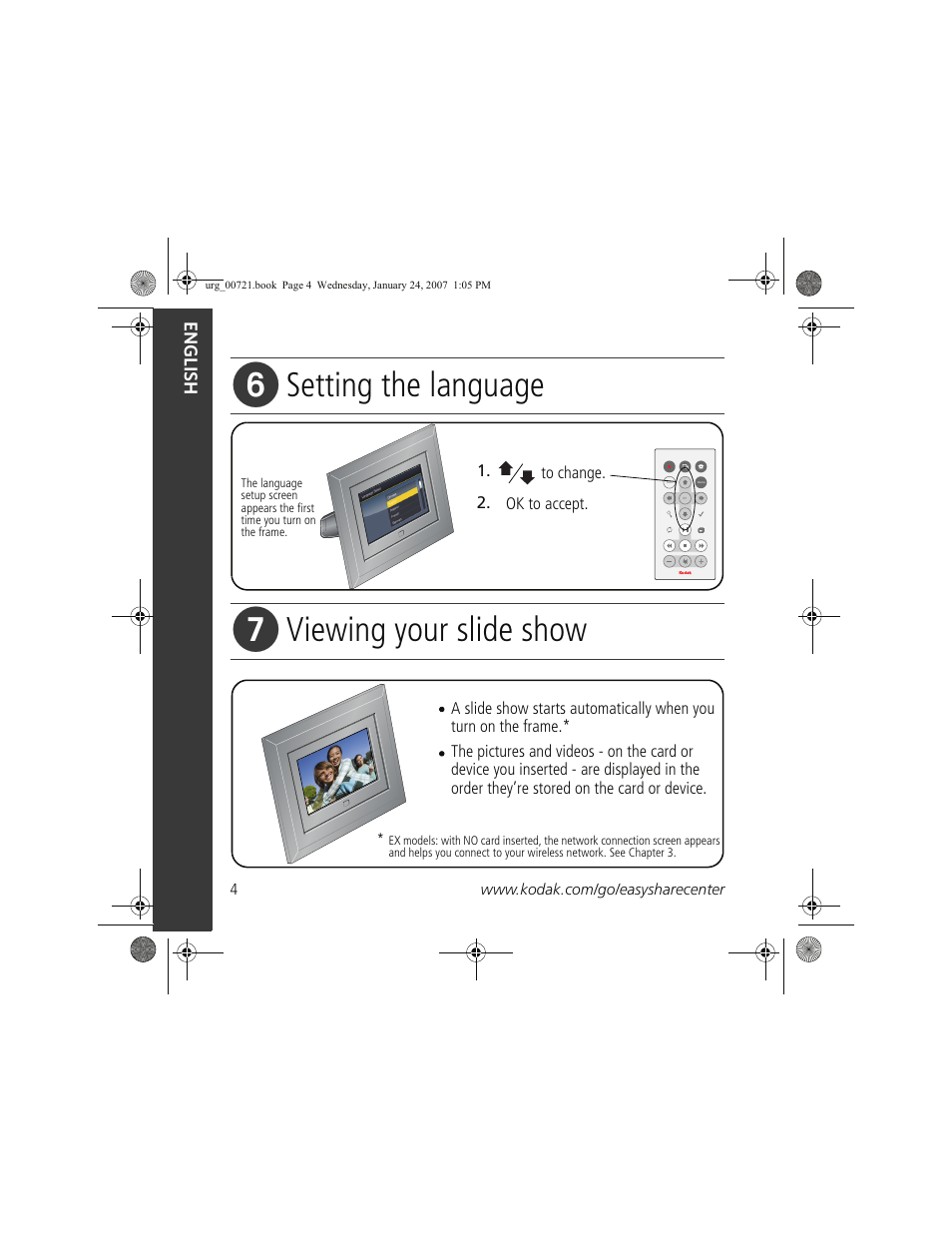 Setting the language, Viewing your slide show | Kodak EX1011 User Manual | Page 4 / 19