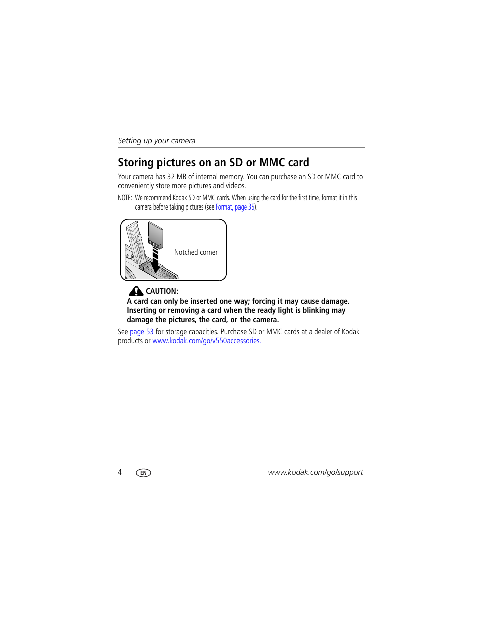 Storing pictures on an sd or mmc card | Kodak V550 User Manual | Page 10 / 72