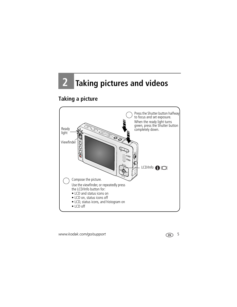 Taking pictures and videos, Taking a picture, 2 taking pictures and videos | Kodak V550 User Manual | Page 11 / 72