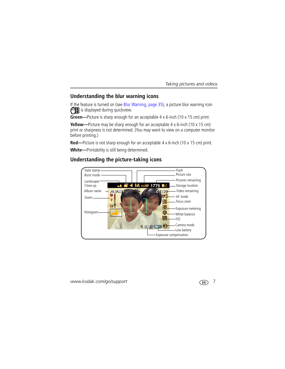 Understanding the picture-taking icons, Understanding the blur warning icons | Kodak V550 User Manual | Page 13 / 72