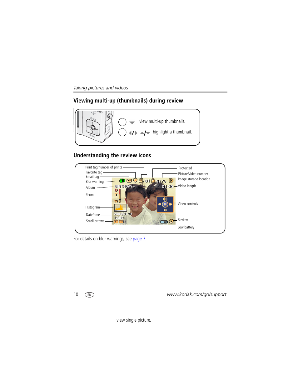 Viewing multi-up (thumbnails) during review, Understanding the review icons | Kodak V550 User Manual | Page 16 / 72