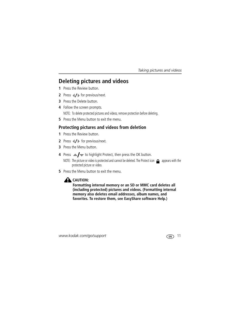 Protecting pictures and videos from deletion, Deleting pictures and videos | Kodak V550 User Manual | Page 17 / 72