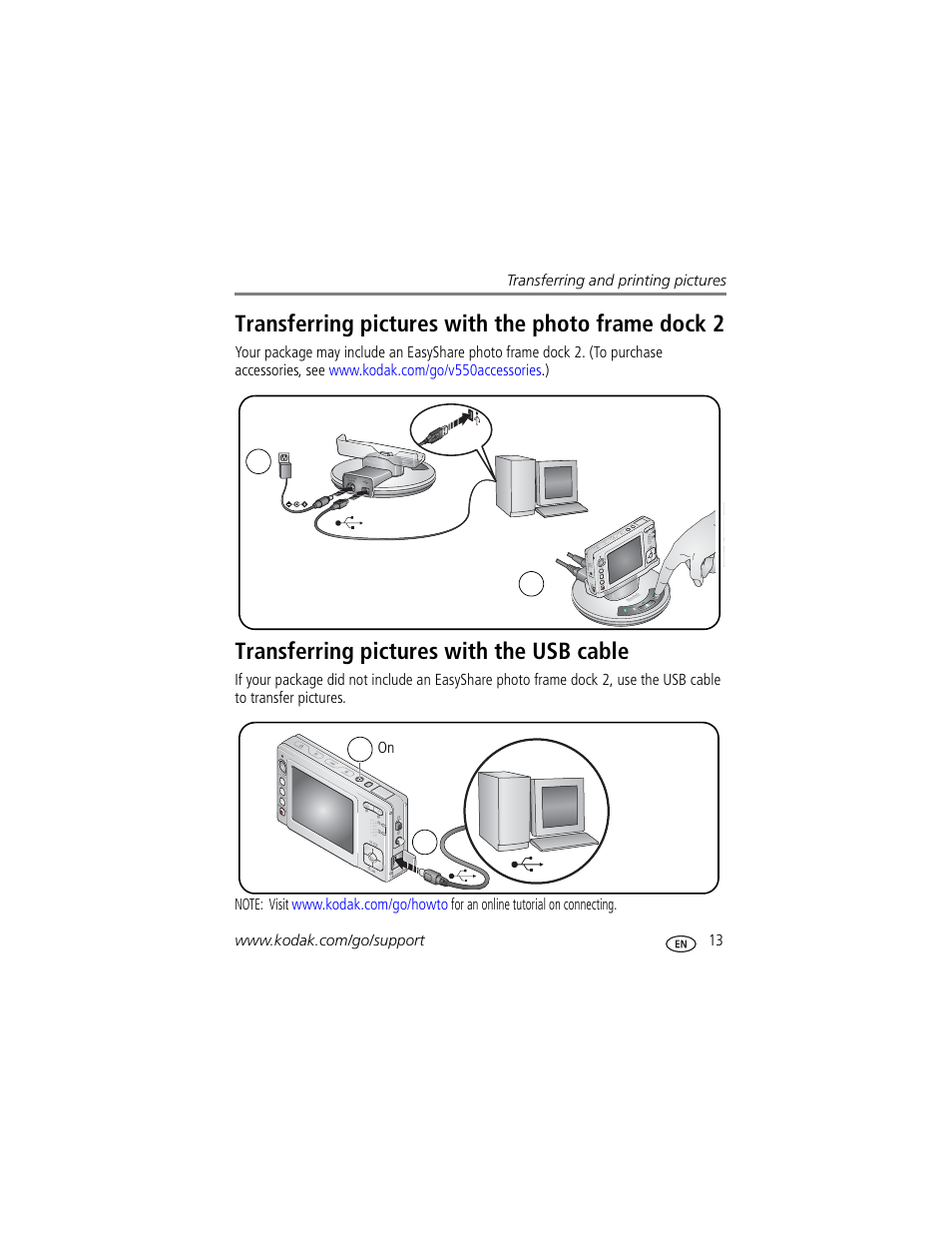 Transferring pictures with the usb cable, Transferring pictures with the photo frame dock 2 | Kodak V550 User Manual | Page 19 / 72