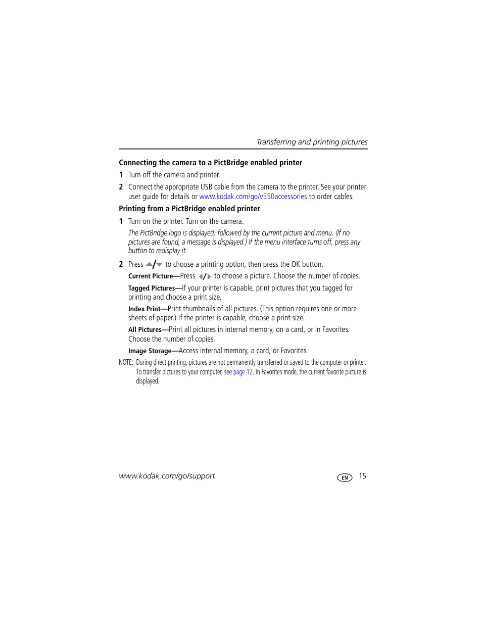 Printing from a pictbridge enabled printer | Kodak V550 User Manual | Page 21 / 72