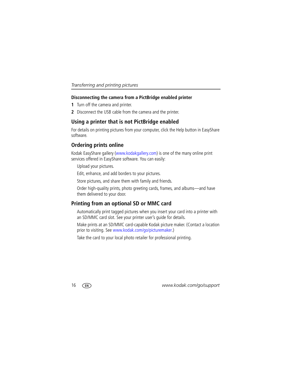 Using a printer that is not pictbridge enabled, Ordering prints online, Printing from an optional sd or mmc card | Kodak V550 User Manual | Page 22 / 72