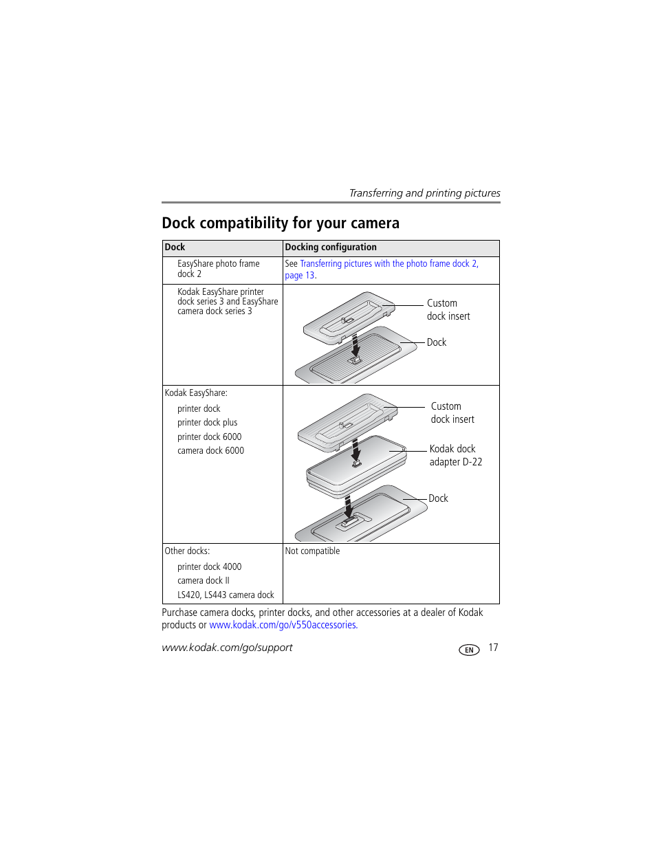 Dock compatibility for your camera | Kodak V550 User Manual | Page 23 / 72
